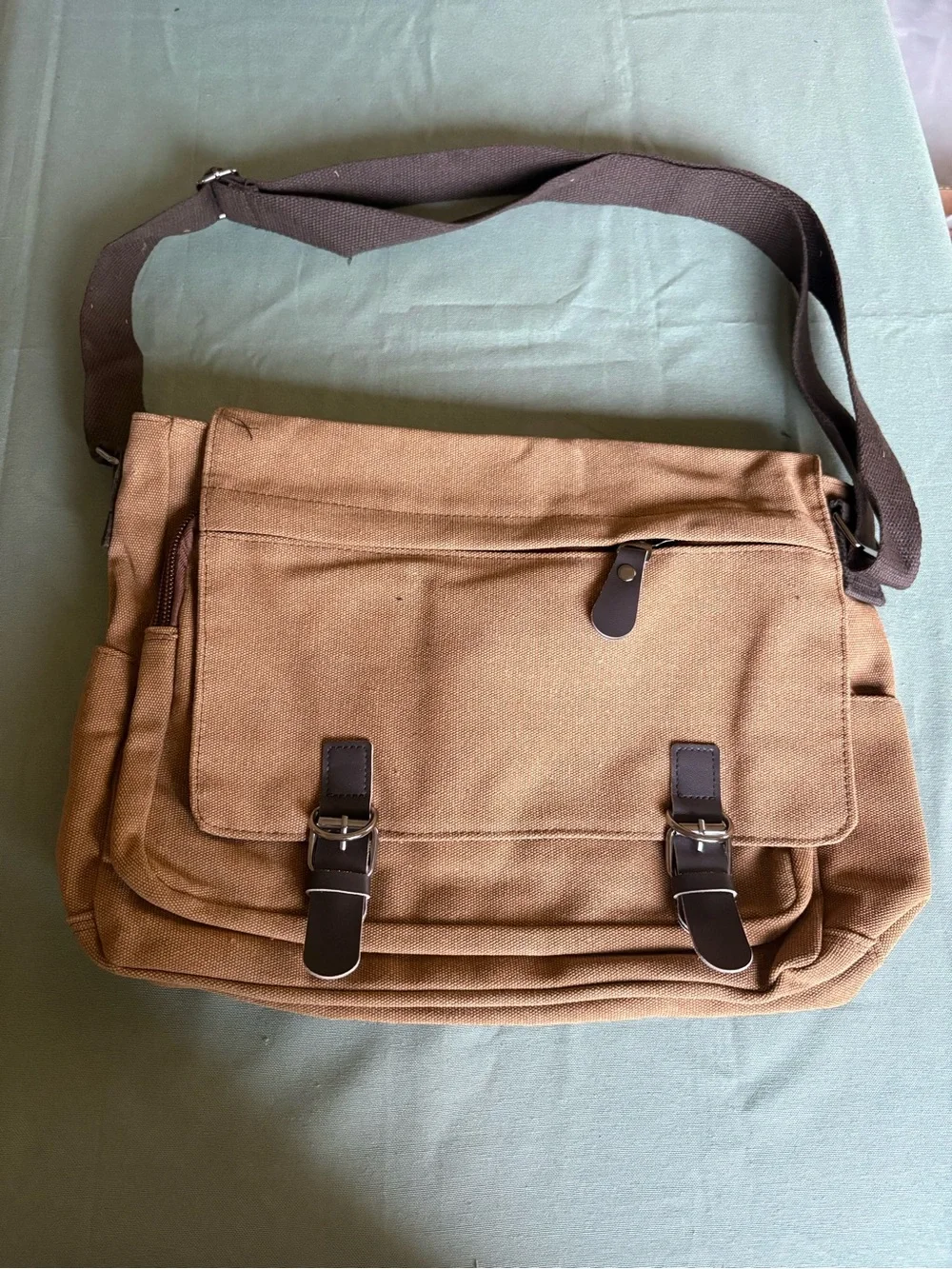 Men's Tan Canvas Messenger Bag with Adjustable Strap